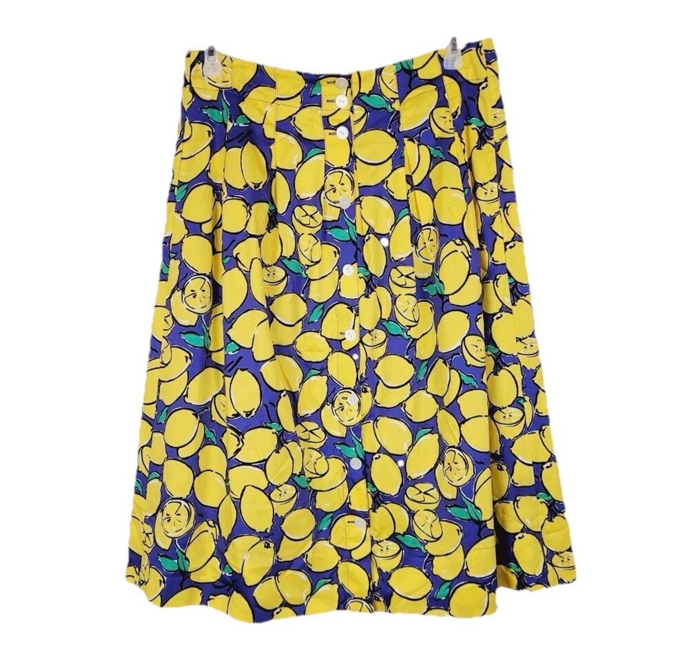 J. Peterman yellow lemon pleated A-line midi skirt Size 14 whimsy summer Af13